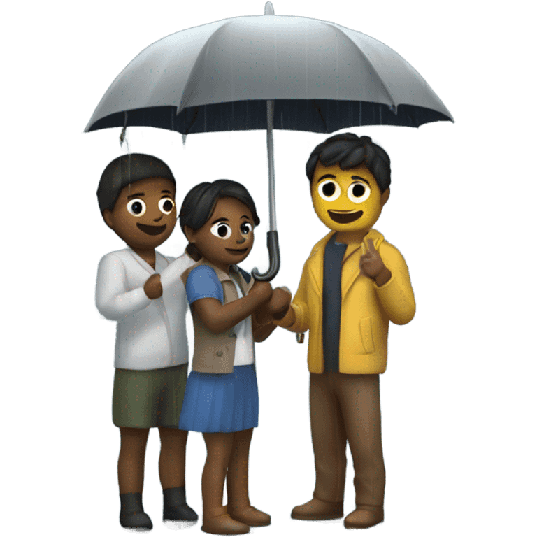 4 friends with umbrella playing with a ship in the rain emoji