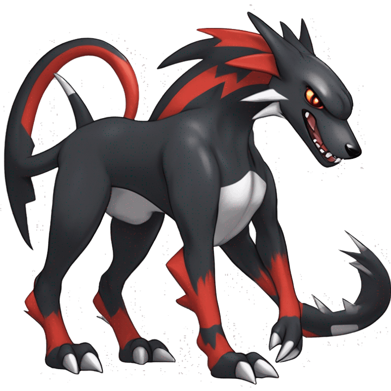 Black Cool Edgy Nargacuga-Houndoom-Garchomp Fakémon Digimon with Red and white Edgy markings, full body, outlined, sharp line Art emoji