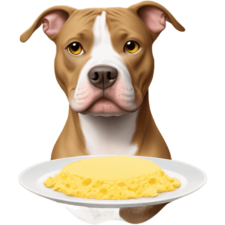 Tan pitbull holding a plate of scrambled eggs emoji