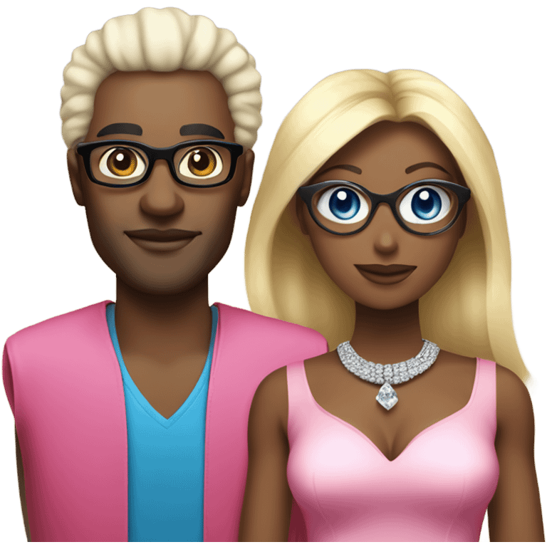 black man with black afro and glasses and wearing a red shirt next to a blonde white woman with blue eyes wearing a pink dress and a big diamond necklace emoji