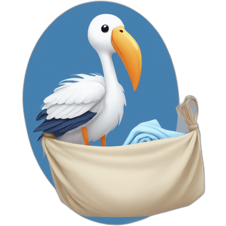 White stork carrying a blue bundle of cloth in its beak that has a human person cute baby with and the human baby head is peeking from the fabric bundle the strok is carrying with its beak emoji