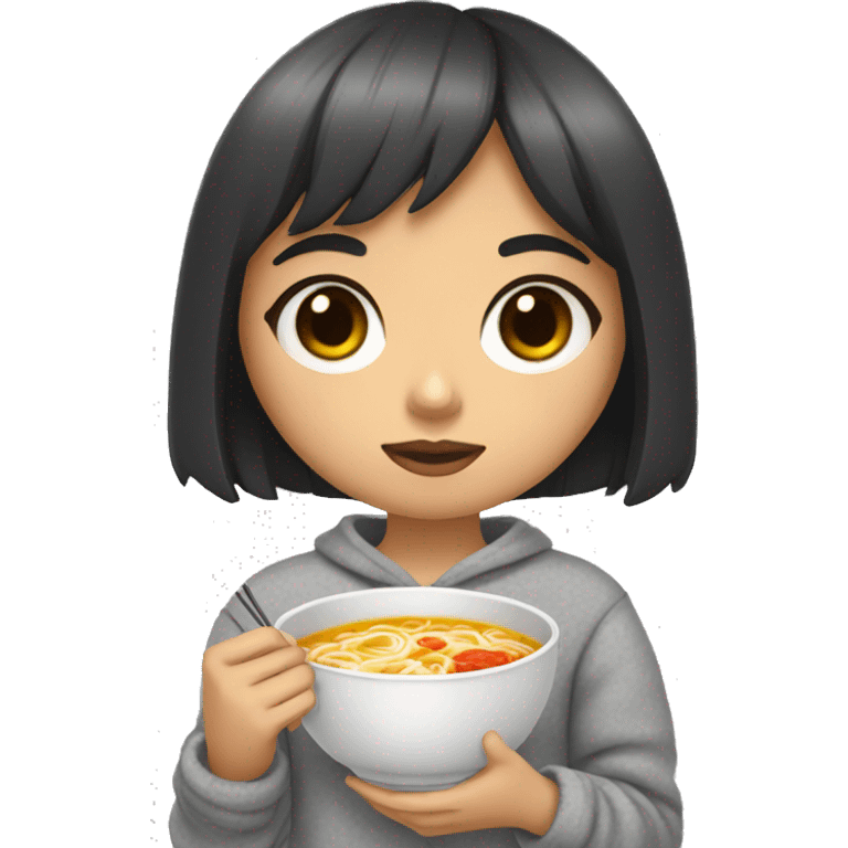 A girl with bangs covering one eye, black hair and big eyes wearing a gray pajama sweater and holding a ramen in her hand. emoji