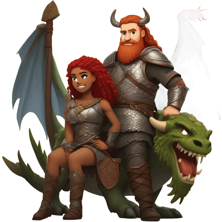 Viking red head beautiful  dragon  queen with a killed Viking solder with a man bun laying down on a dragon  emoji