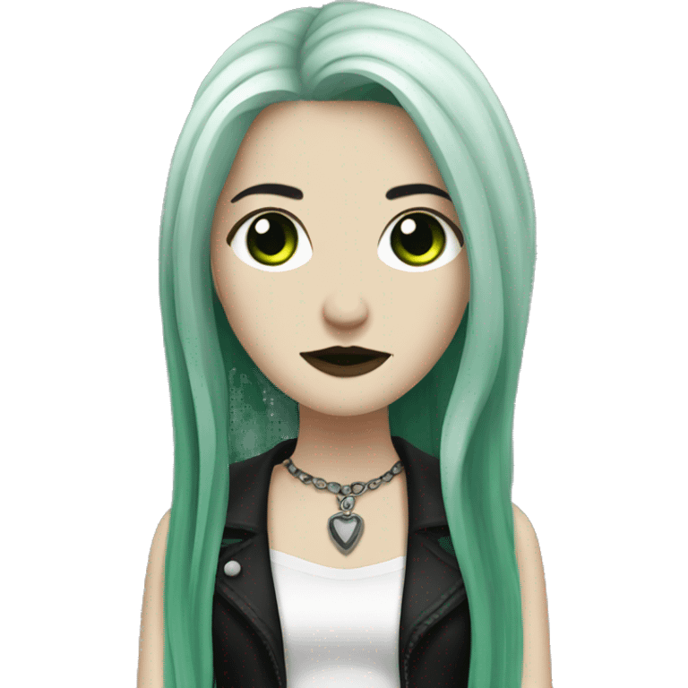 Goth female, white, long black and green hair  emoji