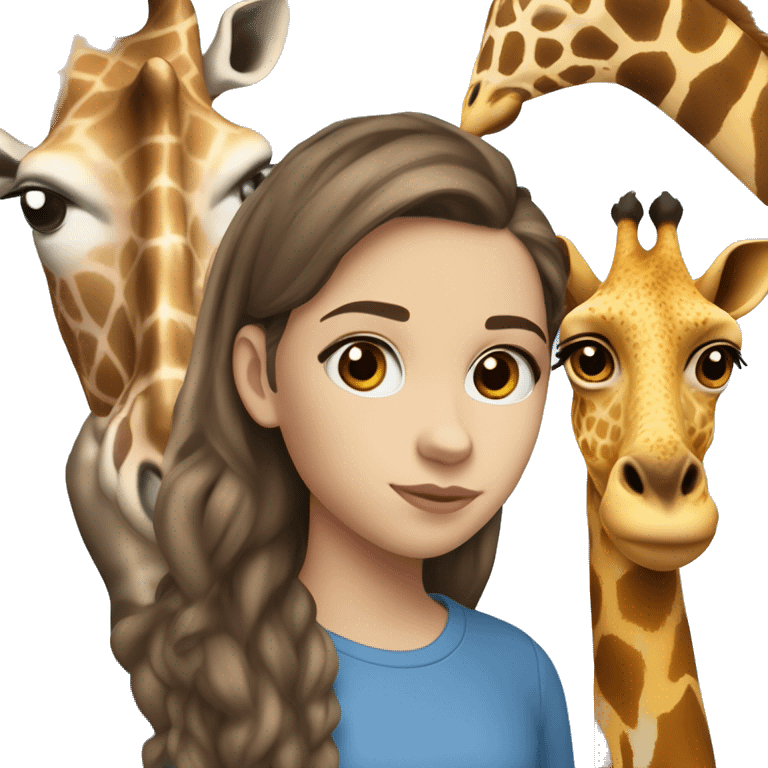 10 year old white girl with brown eyes, brown hair, big lips, blue shirt, blue and black pants, whit shoes, with a giraffe next to her  emoji