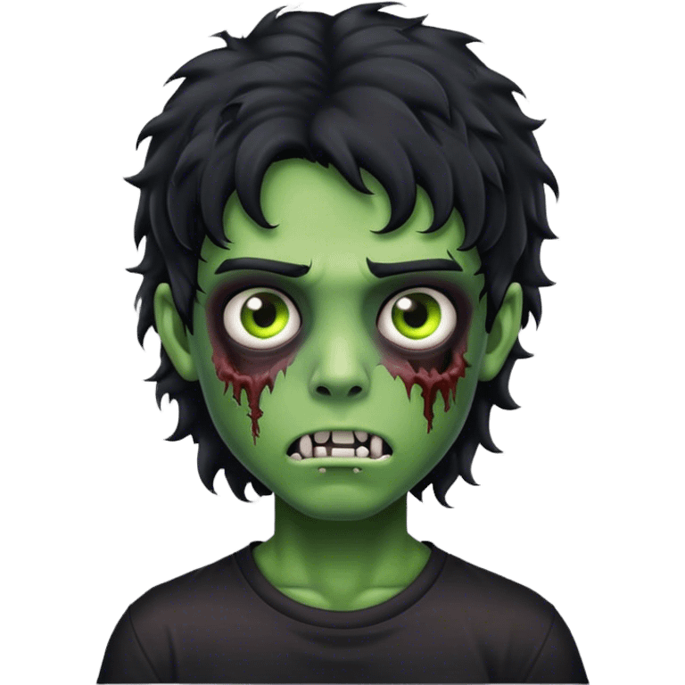 boy zombie with black curly hair mullet with green skin with black shirt emoji