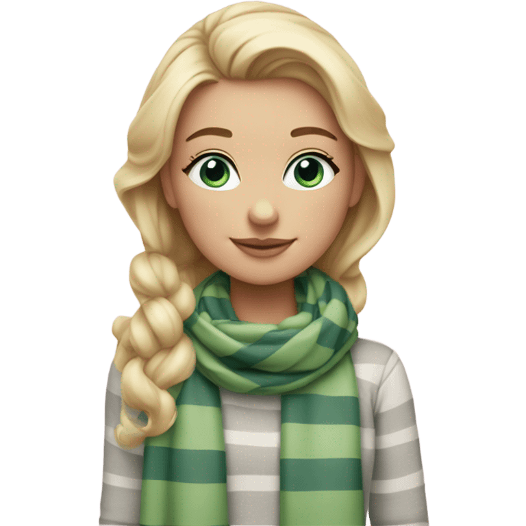 Blonde girl with blue eyes and eyelashes no lipstick in a light pink shirt with gray and green thick stripe scarf emoji