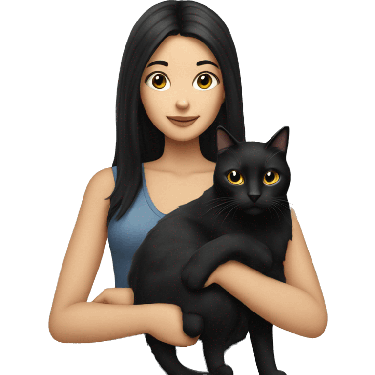 Girl with long black hair holding black cat emoji