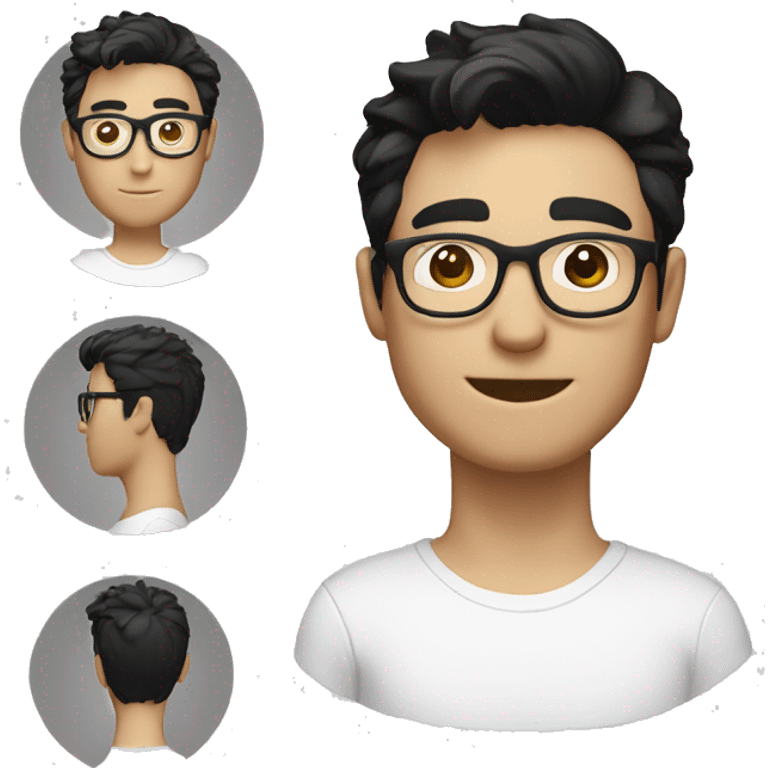 white male with short messy black hair, wearing rounded glasses with a Dell badge on his white shirt emoji