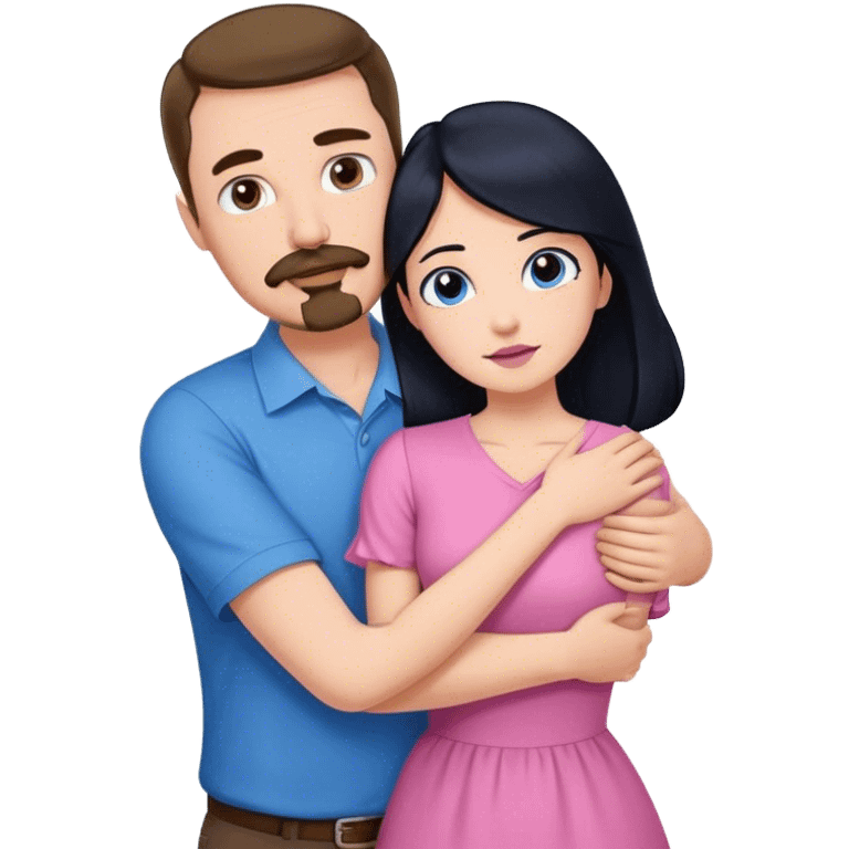 Tall white man with brown mustache goatee wearing blue hugging a short pale woman with long black hair wearing pink emoji