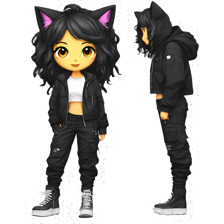 Edgy cool beautiful pretty anime punk tomboy with cat ears techwear cargo pants hoodie emoji