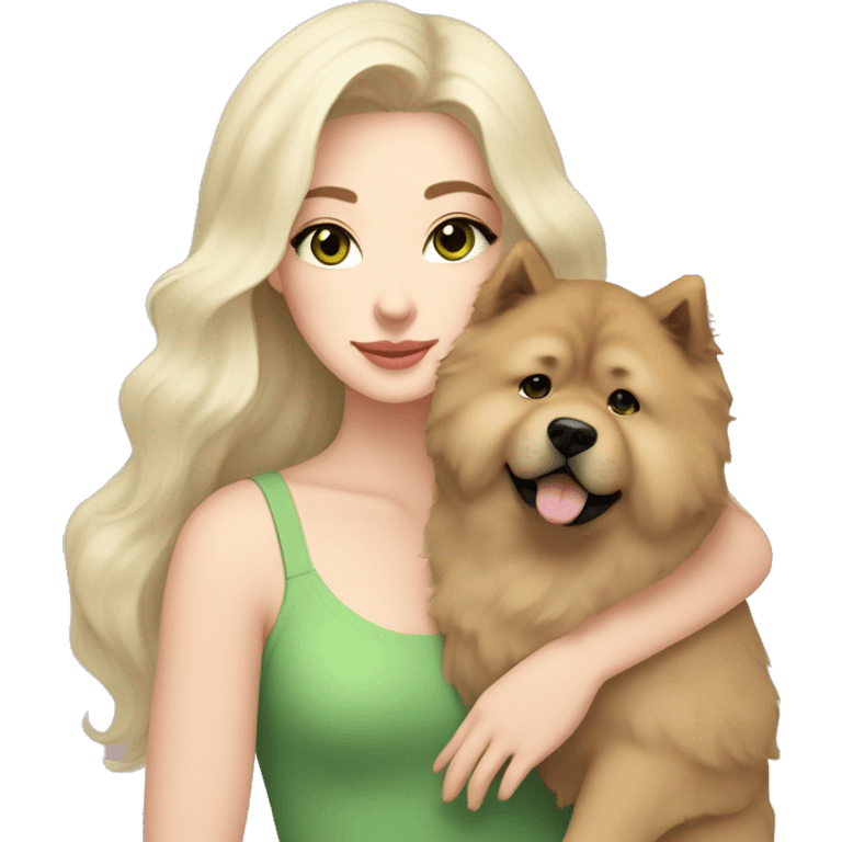 pretty woman with pale skin, very long black hair and green eyes and light pink outfit hugging a beige fluffy chow chow dog emoji