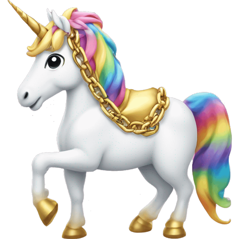 Unicorn with a gold chain on a rainbow emoji