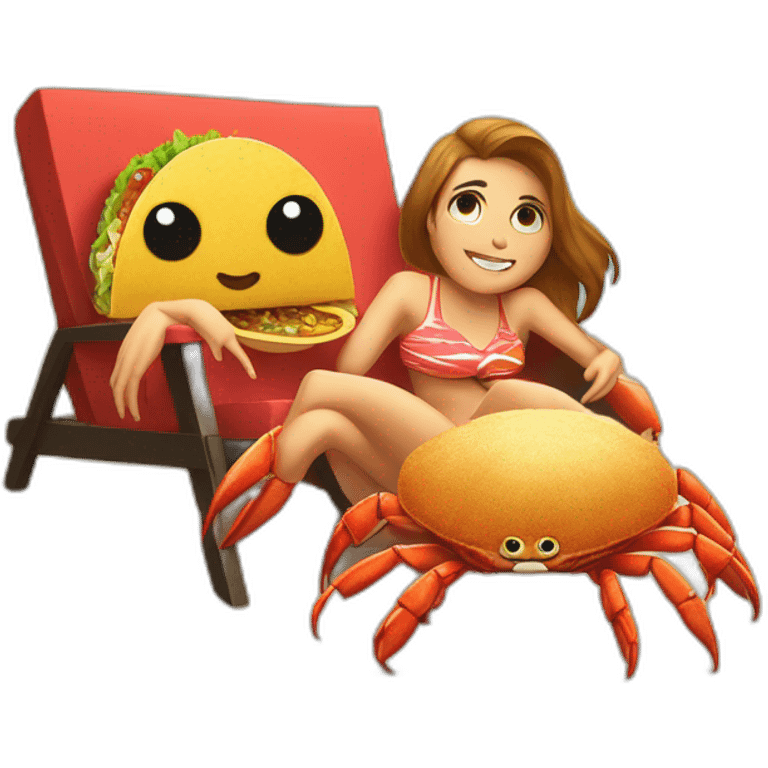 human-sized crab with human-sized taco girlfriend, lying in a chair at the beach emoji