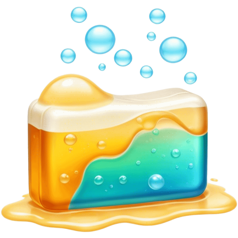 Soap making icon, soap bar with bubbles, melting ingredients like oils and lye, vibrant colors, minimalistic style, clean lines, transparent background. emoji