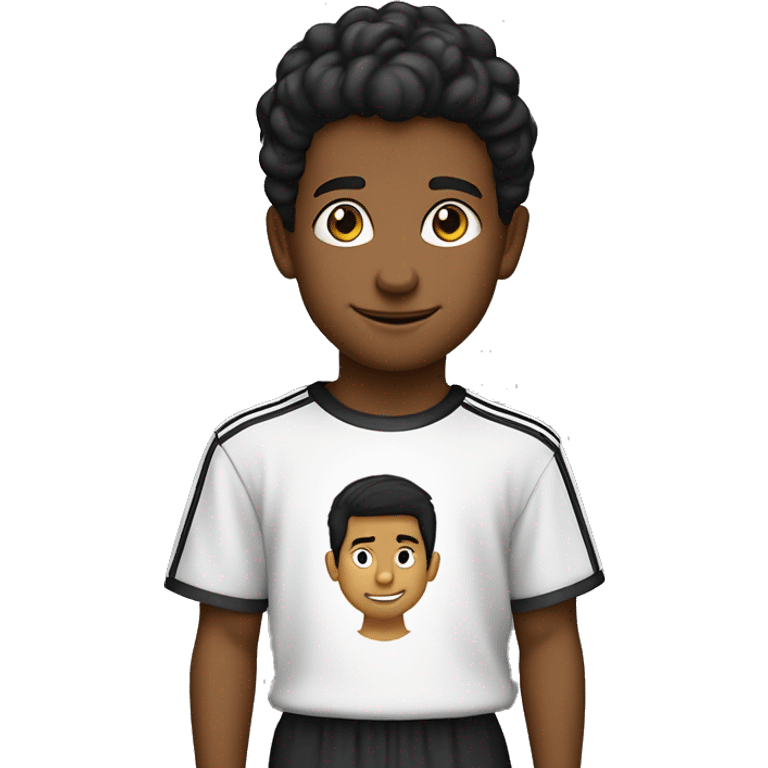 menino com  9 anos camiseta da adidas preta e branca cabelo preto e fone de ouvido preto cabelo liso e sosinho emoji