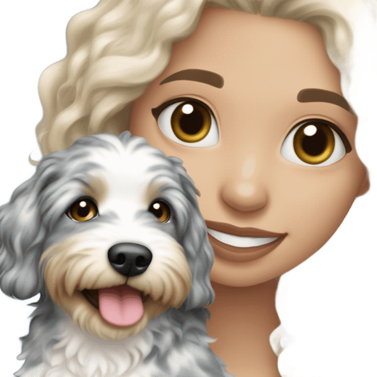 Blonde girl holding blue Merle aussiedoodle  emoji