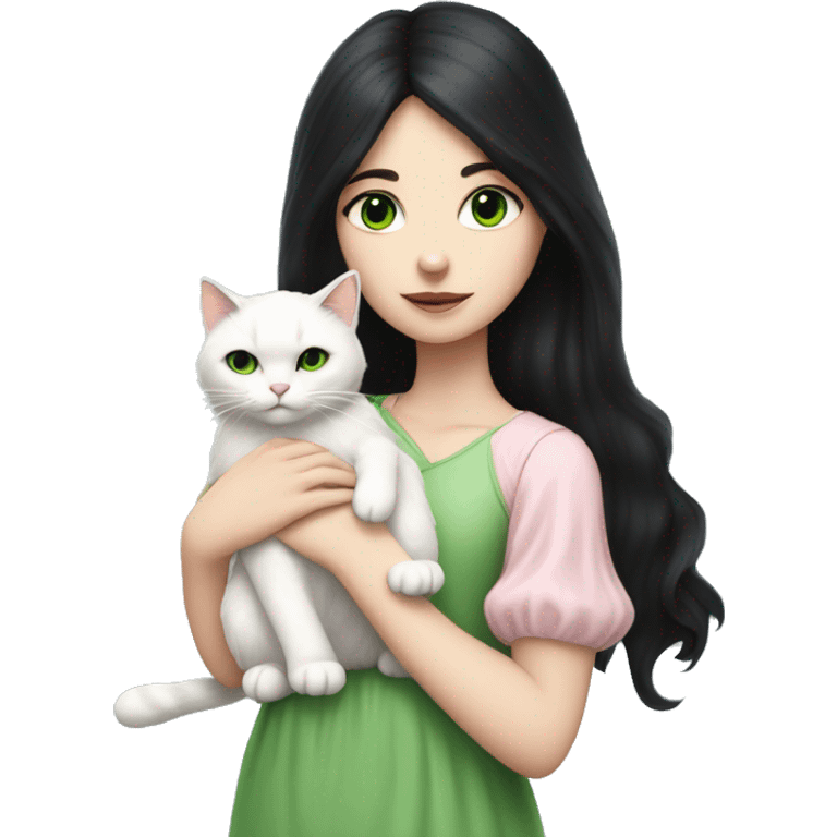 girl with pale skin, very long dark black hair and green eyes and light pink outfit hugging a white fluffy scottish cat emoji