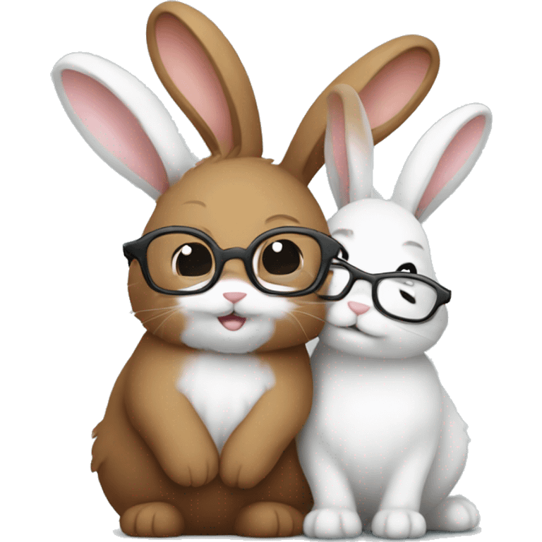 two bunnies. one white fluffy bunny with glasses cuddling brown fluffy bunny WITHOUT glasses emoji