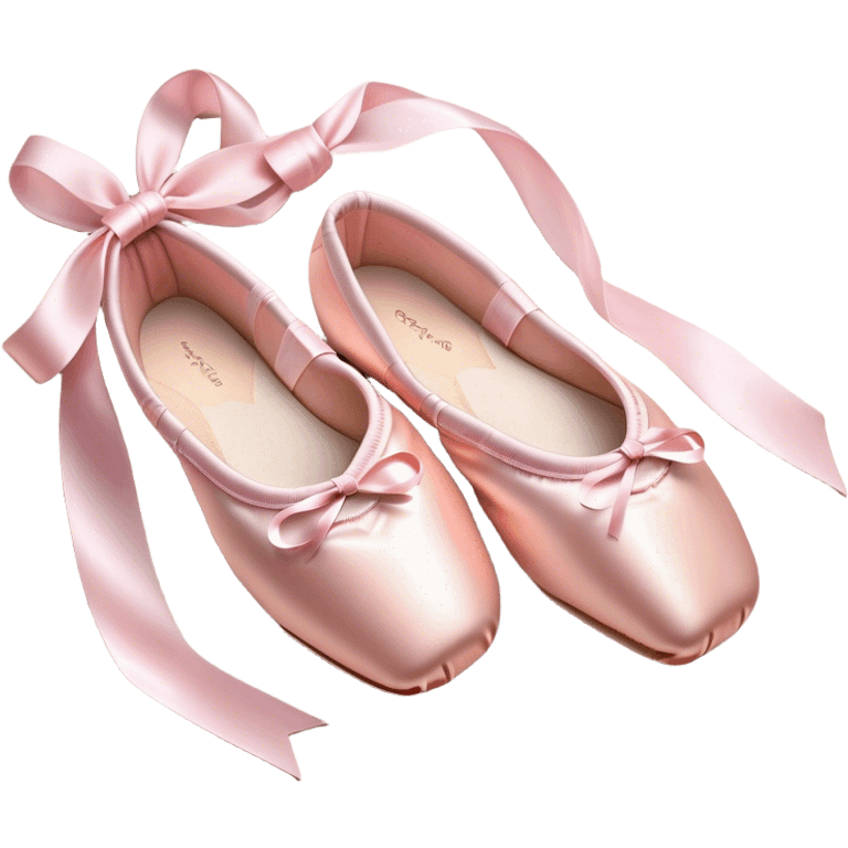 Cinematic Realistic Ballet Shoes, soft satin pink pointe shoes with delicate ribbons, resting gently on a polished wooden floor, subtle creases in the fabric, glowing under the warm golden light of a rehearsal studio, evoking elegance and grace. emoji