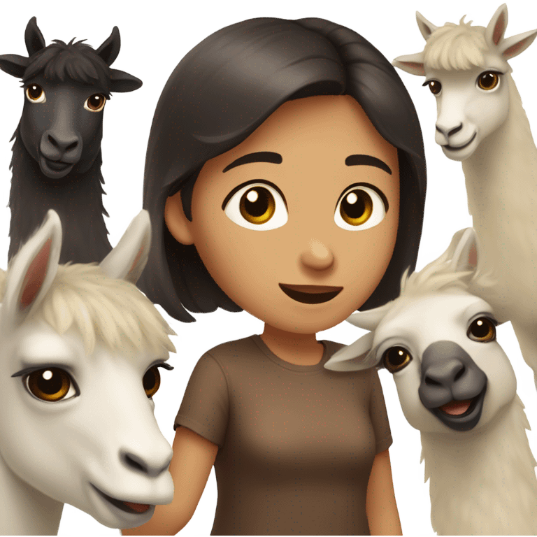 dark brown haired girl with dark brown eyes and light skin with llamas emoji