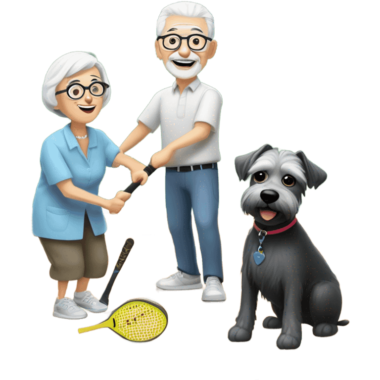 A small grandma with short grey hair and glasses, and a thin grandpa with a short white beard and glasses, playing pickle ball with their small black and white schnauzer puppy emoji