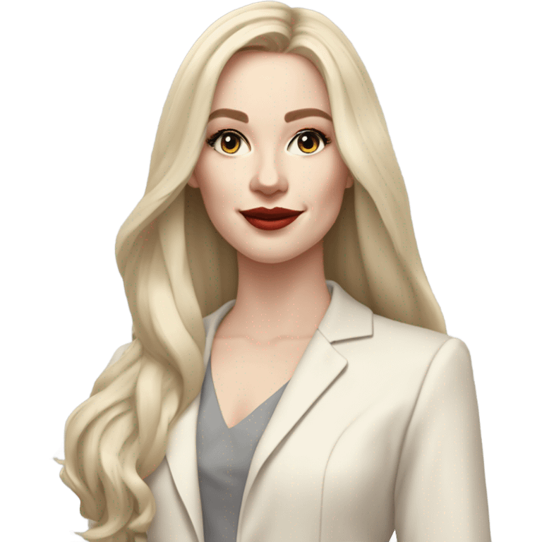 pale skin woman with ash blonde straightened long Hair, White Spacious classical jacket, beige palazzo Arrow pants and gray blouse holding a color palettes in the hands emoji