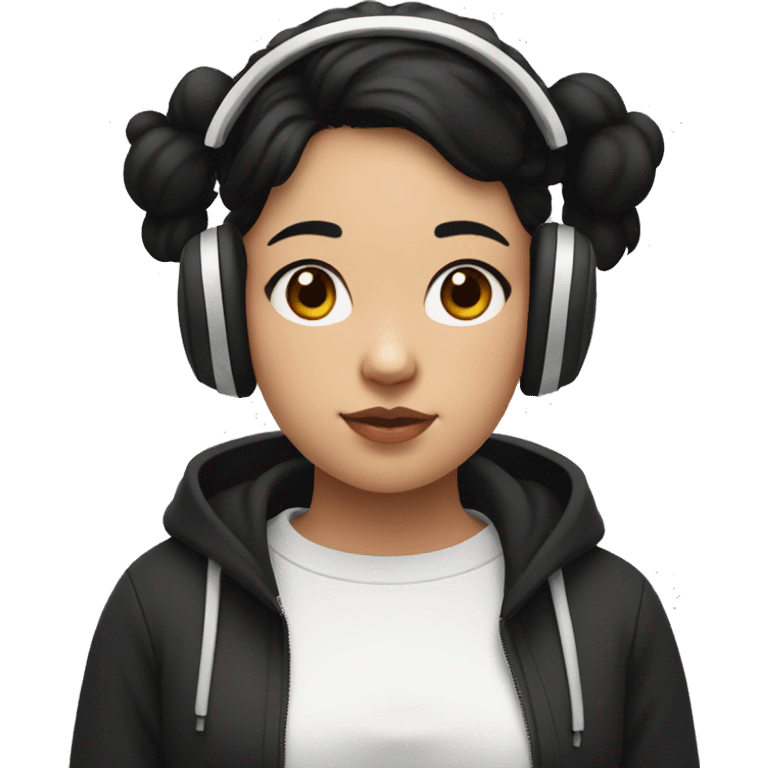 Girl with black hair up to the waist, with a black sweatshirt, half chubby, with a mole under the mouth on the right side expressive eyes with white headphones emoji