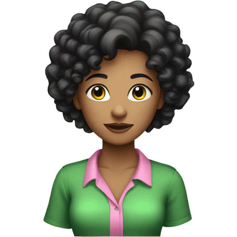 Female young lady with black curly hair in pink and green shirt emoji