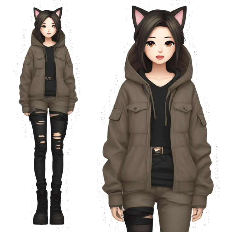 Edgy cool shy Asian urban beautiful pretty anime punk tomboy with cat ears techwear cargo pants hoodie brown hair collar  emoji