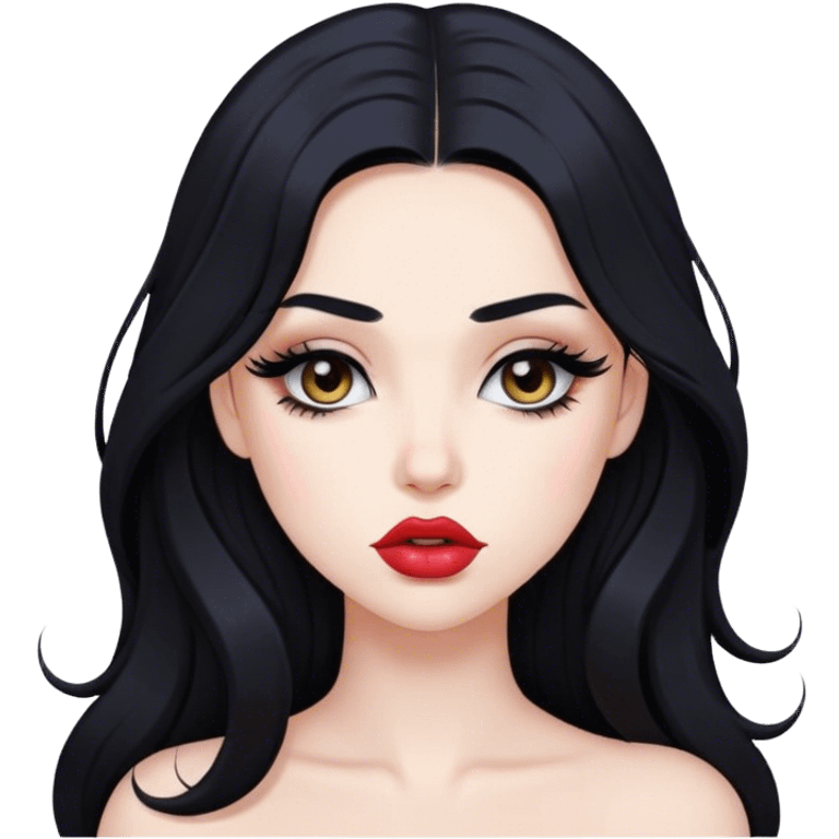 Pale girl with long black hair baddie pose eyelashes pretty lips lipner emoji