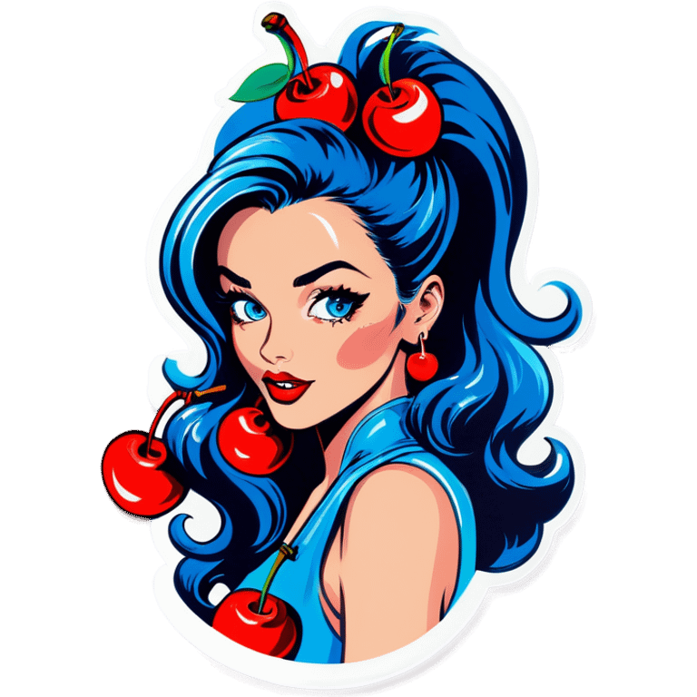 Pop art sexy women with blue hear with cherry emoji