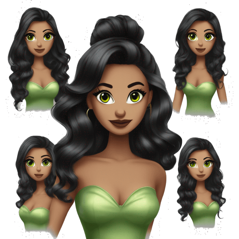 Glamorous, club, cocktail dress, black balayage hair, half up half down hair, olive skin, green almond eyes, winged eyeliner with big lashes emoji