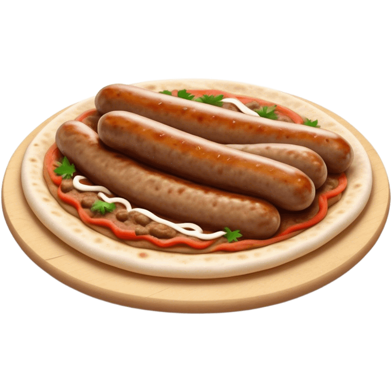 Cevapi Cinematic Realistic Cevapi Dish Emoji, depicted as modest, short, skinless sausages served with traditional flat bread, rendered with realistic textures and rustic, inviting lighting. emoji