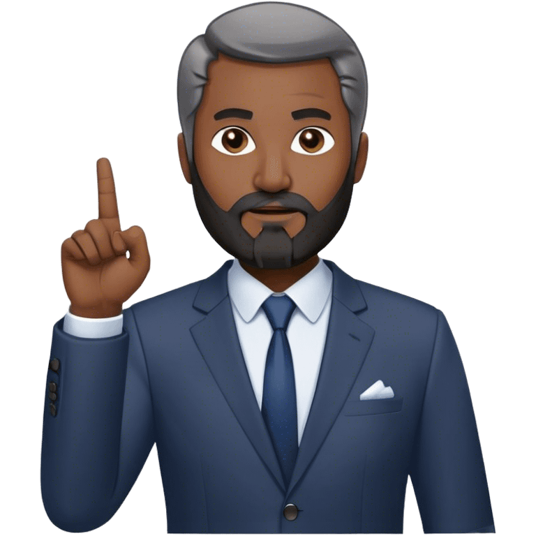 Emoji-style cartoon man, 50s, black beard with gray streaks, wearing a business suit. Raises right index finger upward (↑) to signal 'attention!' Simple design, bold lines, minimal details. Looks Дмитрий Шумейко emoji