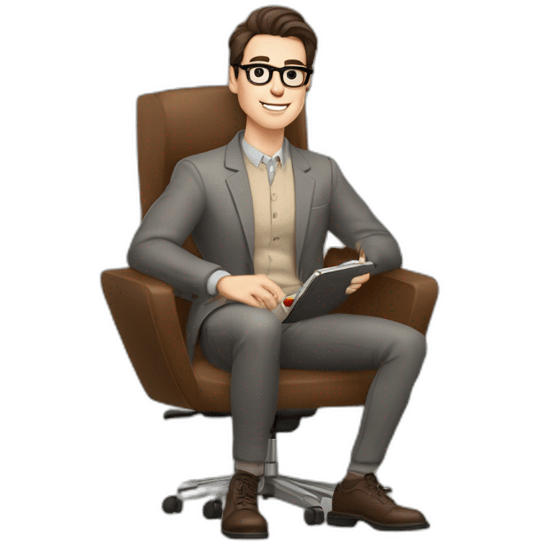 Pale skinned Fit Man With dark brown hair in gray jacket, beige office shirt, Brown pants and vintage glasses sitting In a soft chair with a notebook on spring with emblem Ψ and a pen emoji