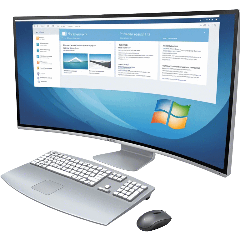 Create an emoji for UX/UI design. Show  large curved monitor displaying windows with UX/UI design HTML program interface. Include a mouse, keyboard, and stylus next to the screens. Use modern, professional colors. Do not include any emojis or smiley faces. Make the background transparent. emoji