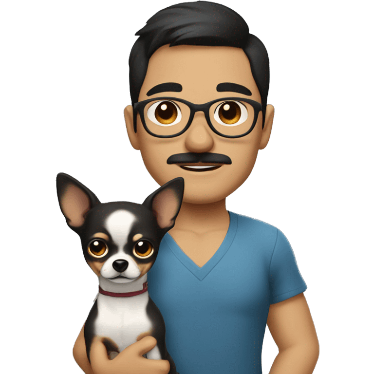 dark hair dark eye man with short mustache wearing glasses holding chihuahua emoji