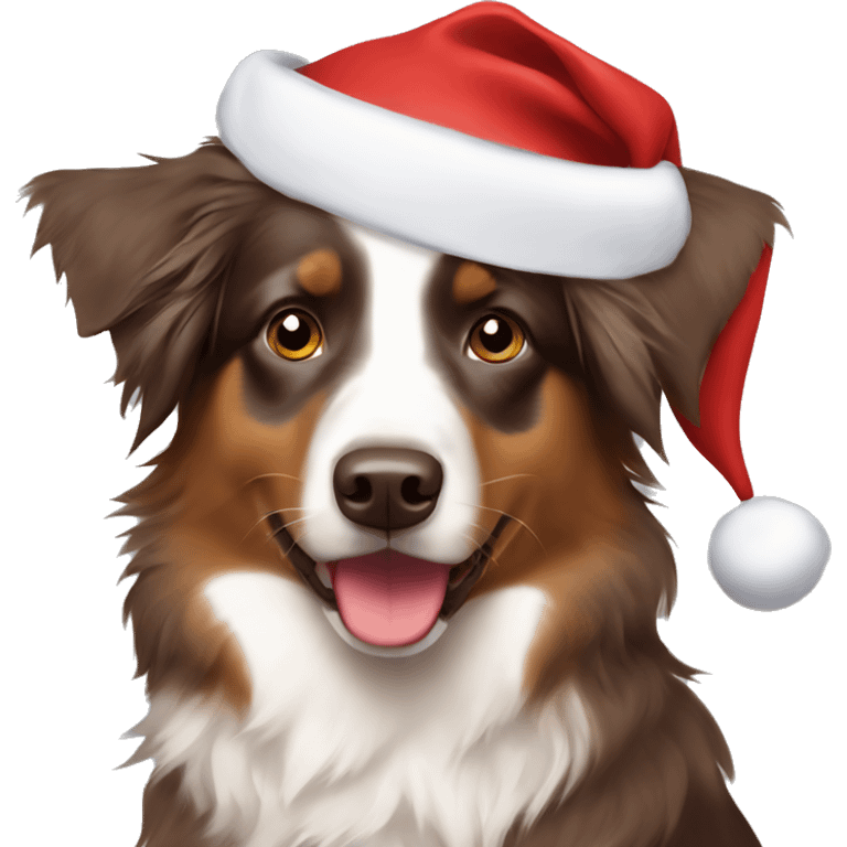 brown australian shepherd wearing santa hat emoji