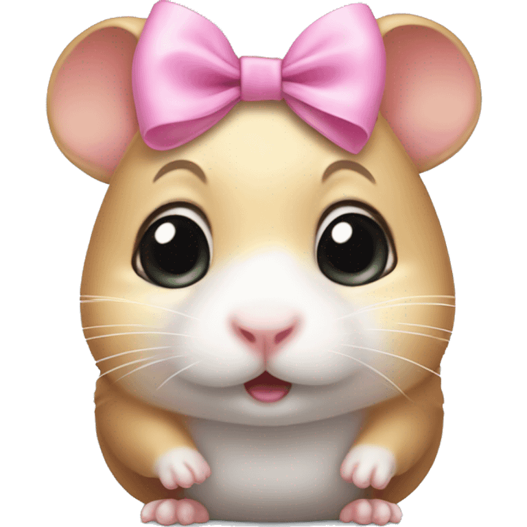 A small hamster with teary, watery eyes, looking emotional or on the verge of crying, wearing a cute pink bow on its head for an added touch of innocence and charm. emoji