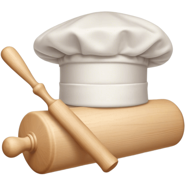 Cinematic Realistic Chef Hat & Rolling Pin, crisp white cotton hat with soft folds, resting beside a classic wooden rolling pin with smooth, polished curves, a light dusting of flour adding authenticity, warm kitchen lighting casting gentle shadows, glowing with a cozy and inviting charm. emoji