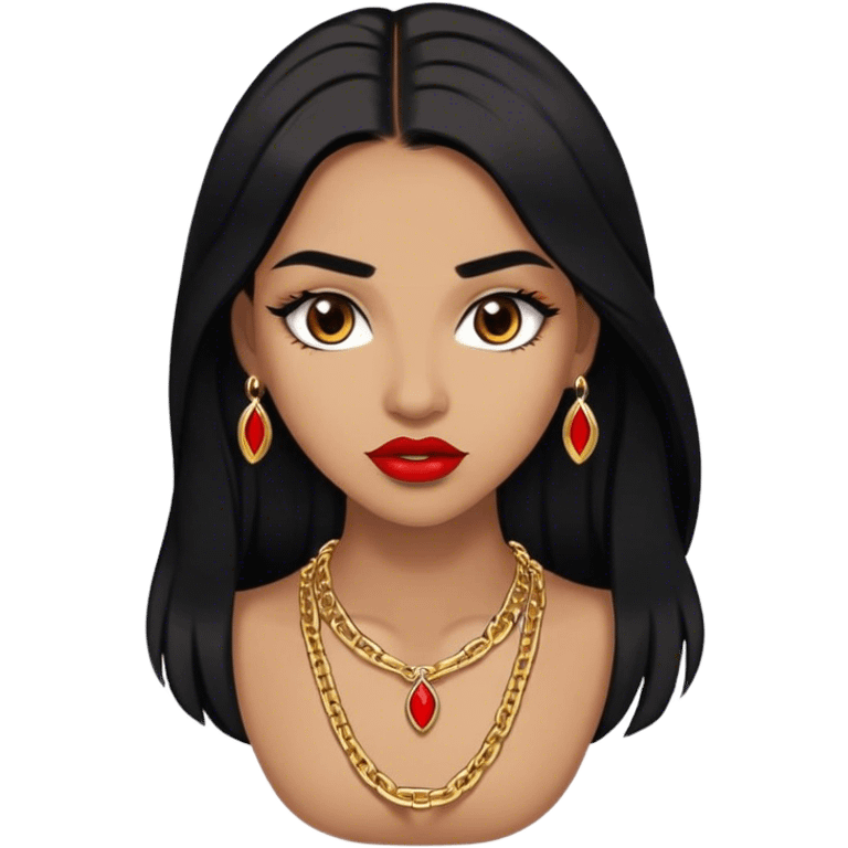 Woman, light brown skin, black long hair, medium arched eyebrows, brown eyes, full lashes, and red lips wearing a gold necklace chain emoji