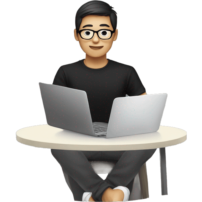 a asian human, wear glasses, black t shirt, is working on a laptop with a cup of coffee emoji