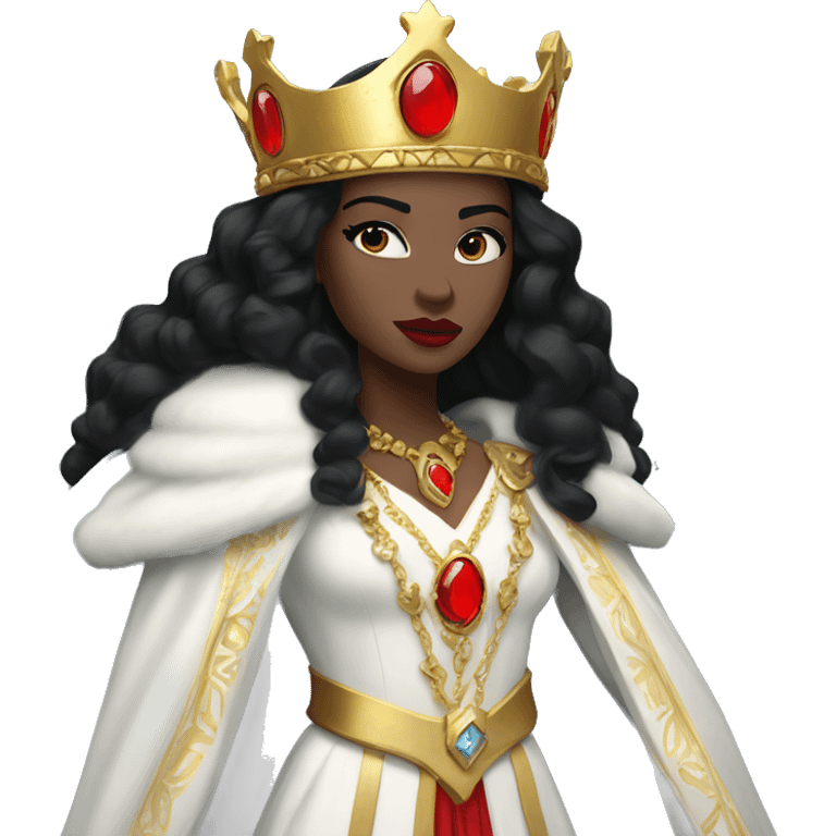 Queen with pale skin, icy blue eyes, bright red lips, long black hair, gold crown, and white robes. emoji