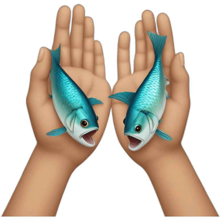 Two hands trying to hold a fish emoji