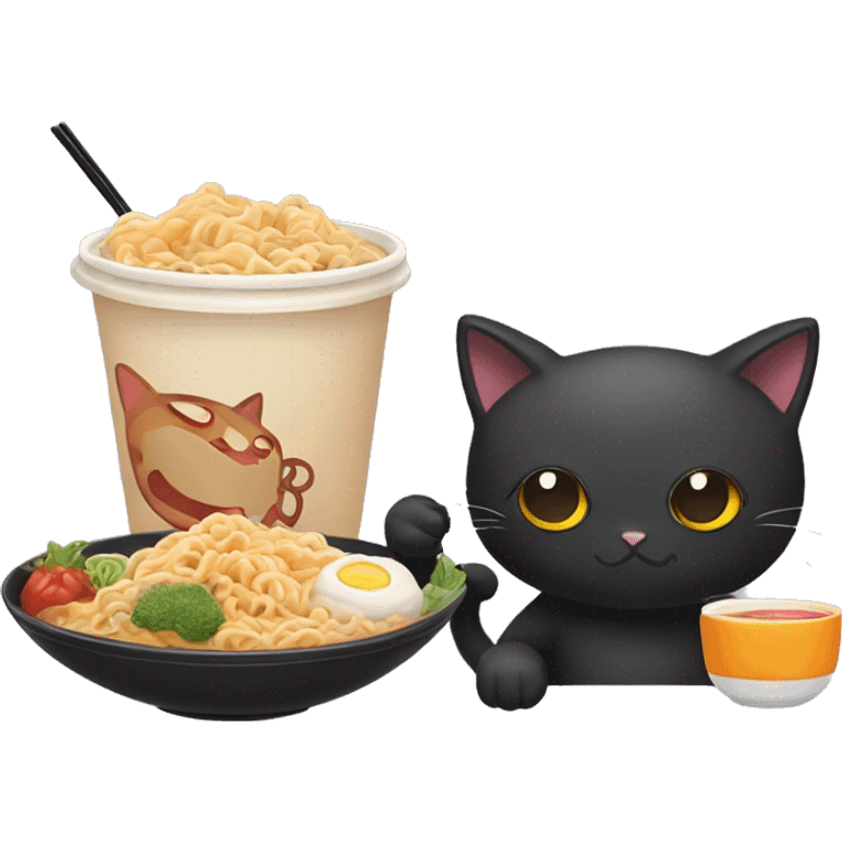 black cat eating ramen noodles and bubble tea beside emoji