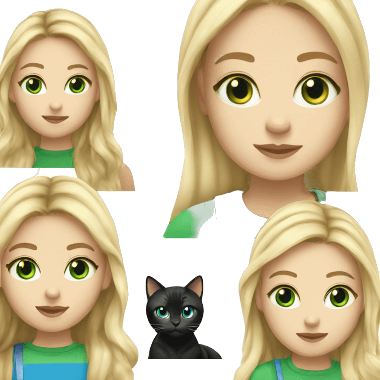 girl , blue eyes, with flowing blond hair and black tabby cat with green eyes emoji