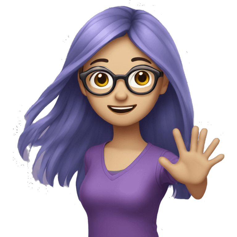 asian girl with long purple hair and glasses waving her hand  emoji