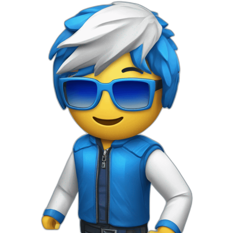 personaje de roblox, rubio con chaqueta azul y en la chaqueta azul manchas blancas, unas gafas de realidad virtual azules y alas de carton emoji