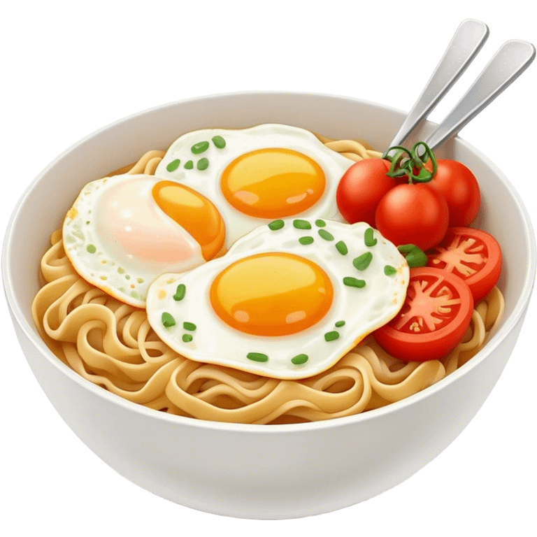 Spicy bowl of noodles with fried eggs and tomatoes  emoji